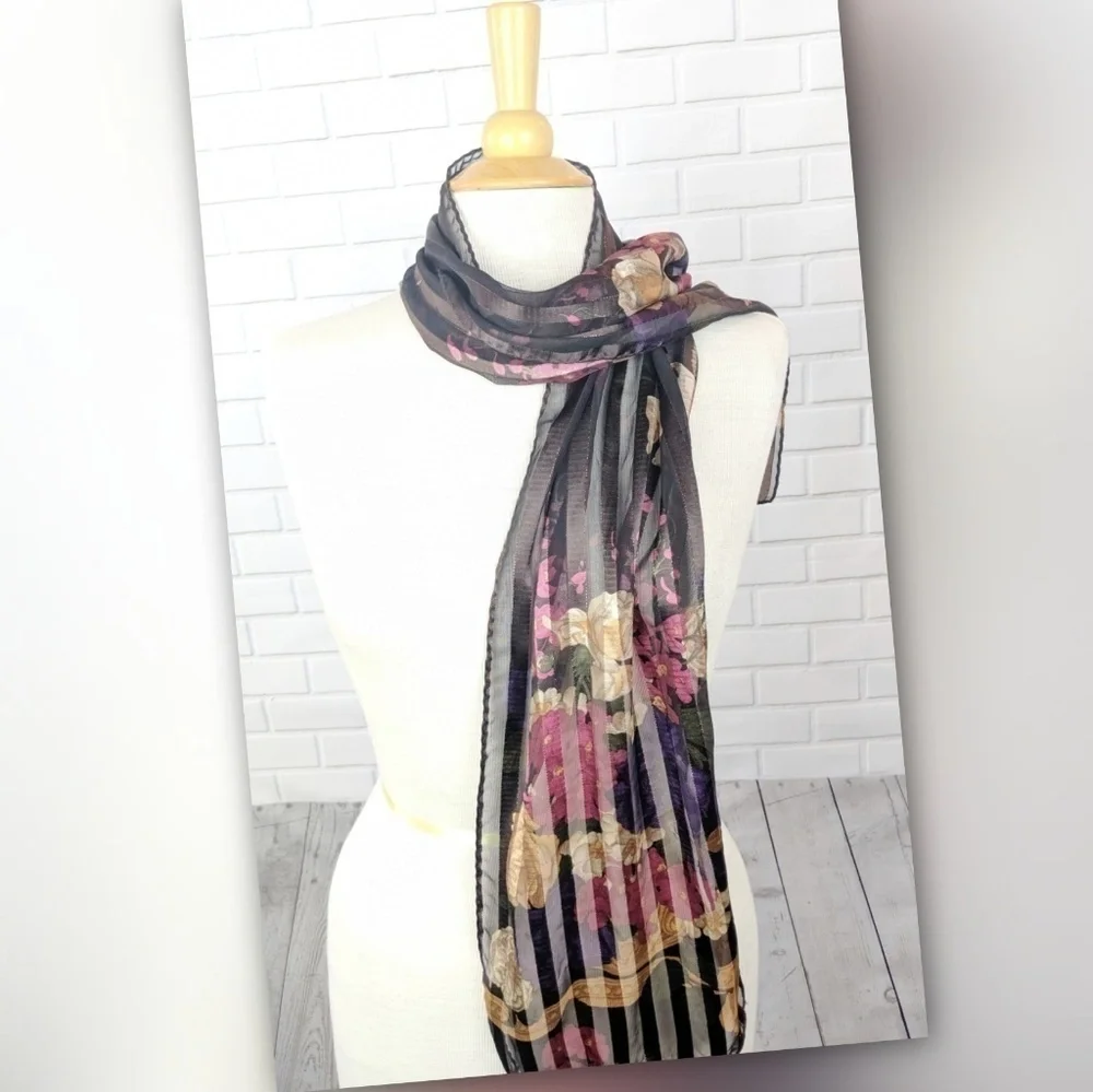Liz Claiborne Satin Brown & Gold Floral Scarf‎